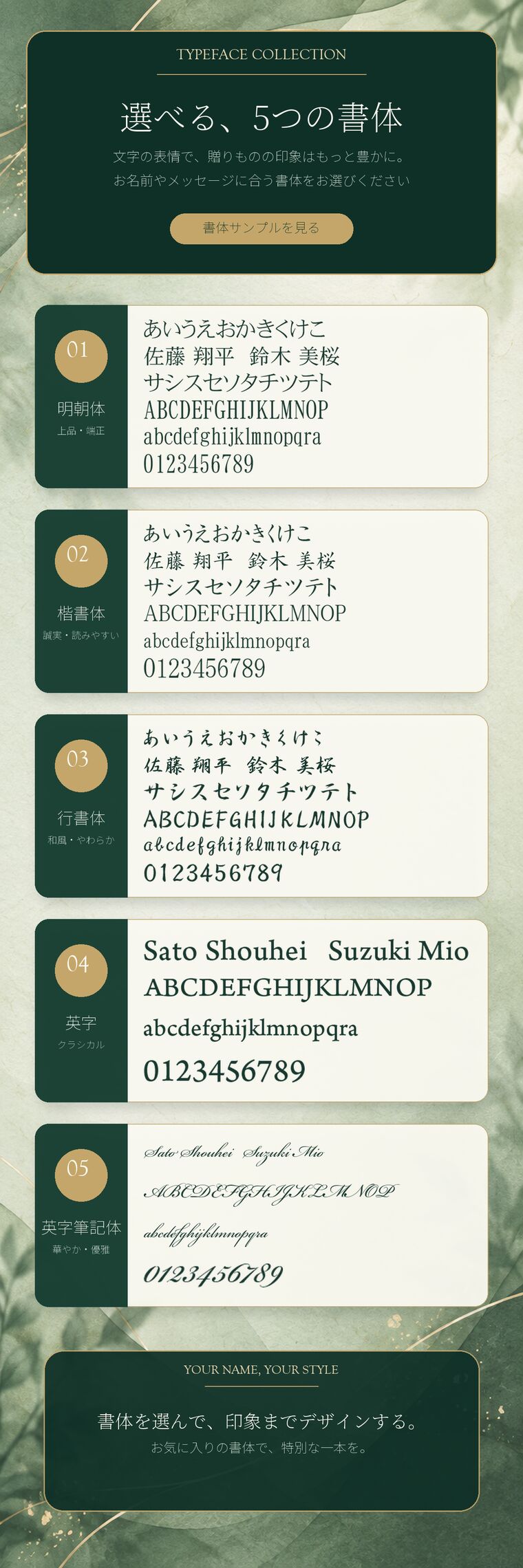 選べる5つの書体 明朝体・楷書体・行書体・英字・英字筆記体の見本